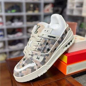 Louis Vuitton Men's Checkered Beige and White Sneakers